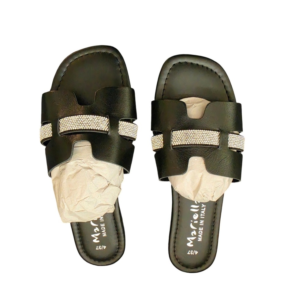 Mariella Italy Black Leather Slide Sandals Womens Size 6.5 7 Rhinestone Slip On